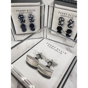 LOT 3 Navy Blue & Black Silver Perry Ellis Portfolio Silk Knot Cufflinks Prep